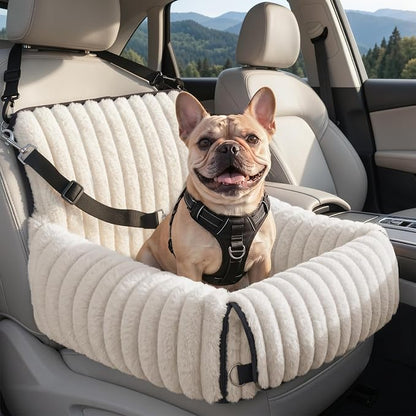 White cream travel seat in a car, with a small dog